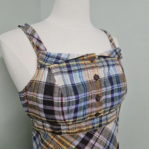 Old Navy Plaid Earthy Spring Dress Bias Cut Preppy Y2K Retro Brown Yellow - Picture 3 of 12